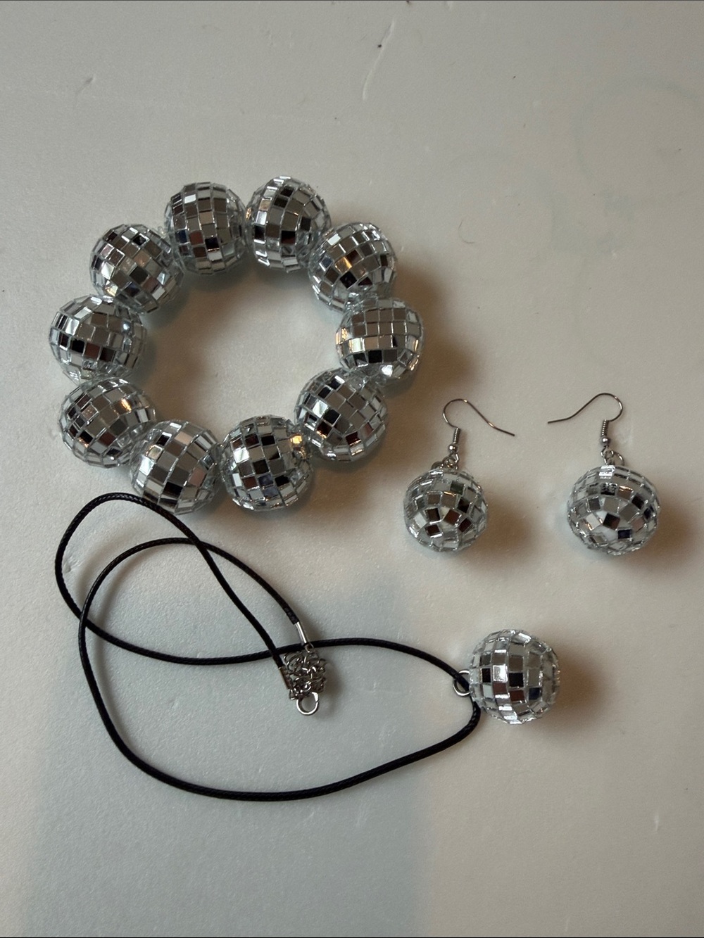 Silver Disco Ball Jewelry Set - Bracelet, Necklace & Earrings